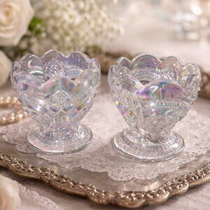 L.E. Smith Imperial Mold White Iridescent Carnival Glass Pedestal Bowl- set of 2